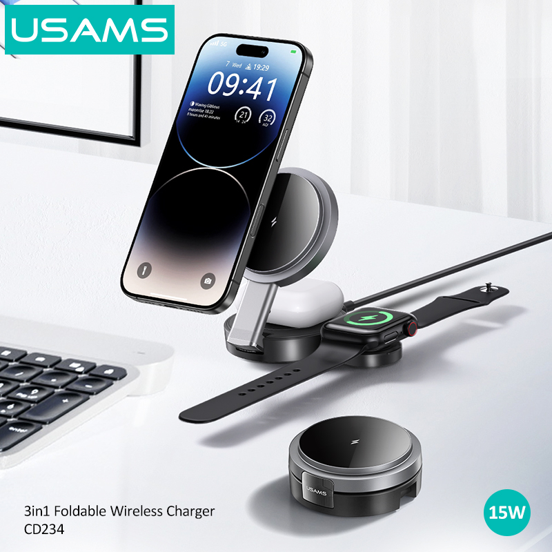 USAMS CD234 Hot Sales Qi Magnetic Foldable Wireless Charger 3 in 1 Fast Charging Dock Station Charging Stand Holders for Iphone product view