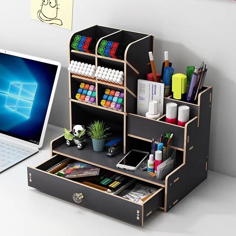 Multi-Functional Diy Desktop Pen Organizer Large-Capacity Wooden Desk Organizer With Storage Rack & Drawer