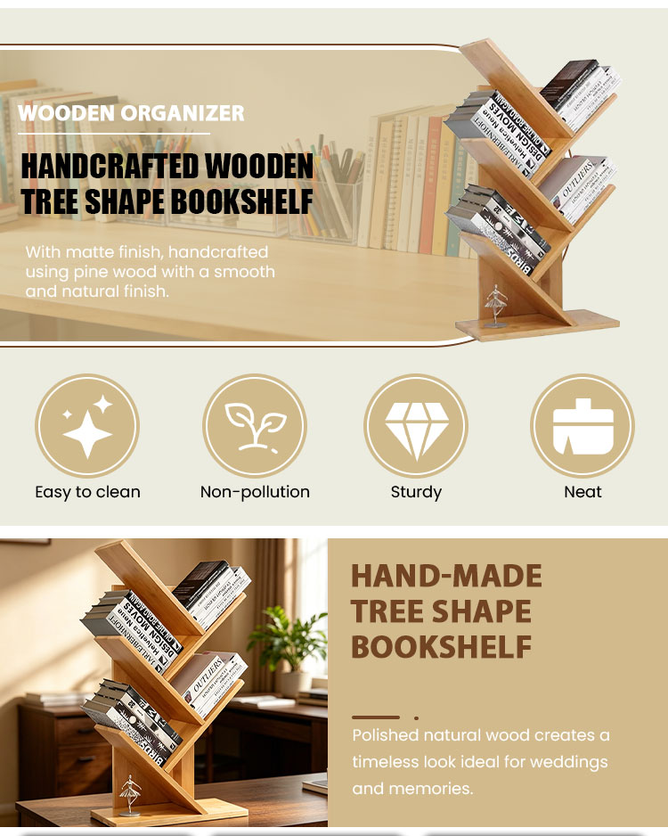 Wooden Craft DIY Wooden Tree Shape Bookshelf 5 Tier Bamboo Bookcase Home Office Desktop Standing Wooden Book Storage Rack detail