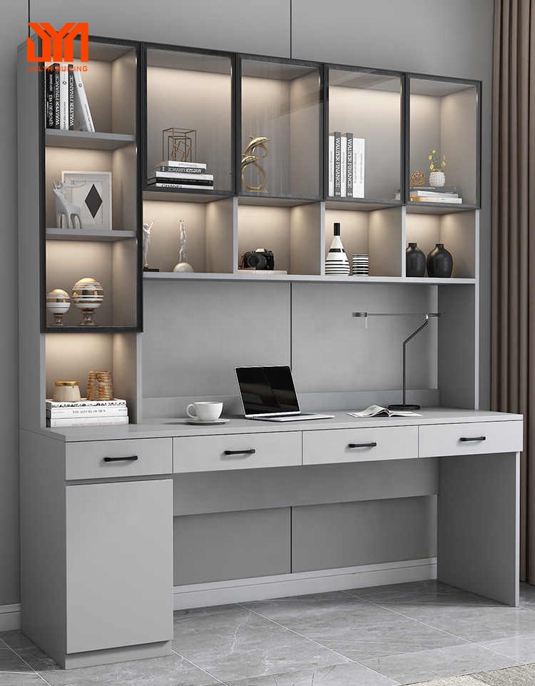 JYN Double Desk Cabinet Home Office Bookshelf Combination Home Student Use Desktop Computer Desk Integrated Bookcases