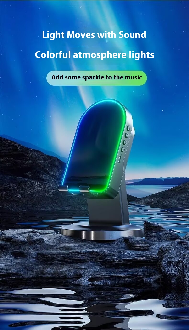2 in 1 Induction Mobile Phone Holder Button HD Sound Phone Stand Ambient Light Non-Slip Wireless BT Speaker Stand Desktop detail