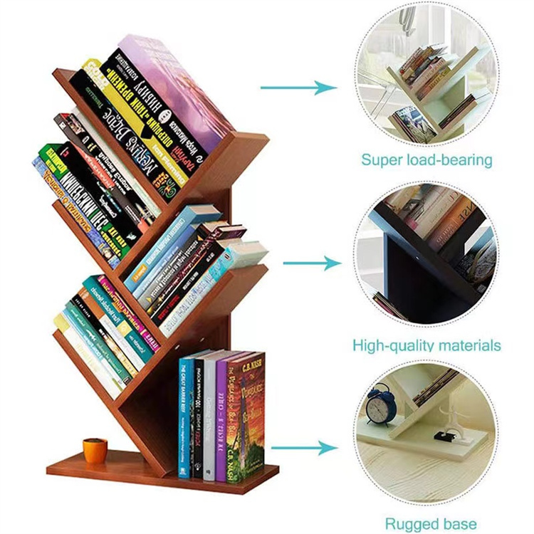 Wooden Craft DIY Wooden Tree Shape Bookshelf 5 Tier Bamboo Bookcase Home Office Desktop Standing Wooden Book Storage Rack product view