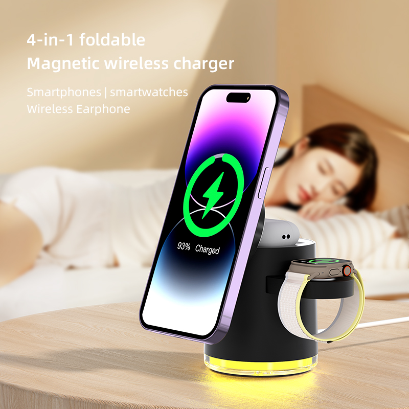 MPP Wireless Charger stand 2024 Magnetic Fast Charging Station Adjustable LED Light Wireless Phone Charger for Watch Earphone product view