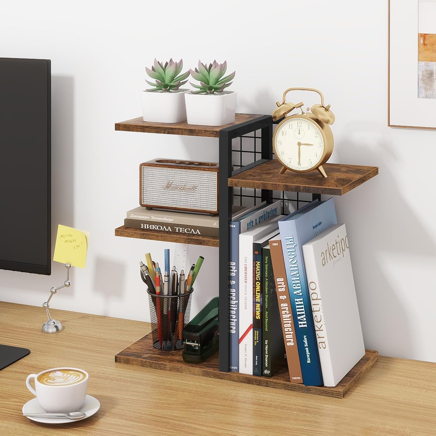 Desktop Shelf Organizer 5-Layer Wooden Classic Durable Desk Bookshelf Small Tabletop Adjustable Display Rack for Living Room product view