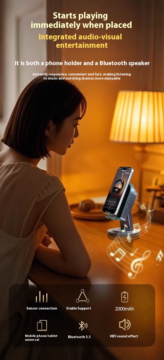 2 in 1 Induction Mobile Phone Holder Button HD Sound Phone Stand Ambient Light Non-Slip Wireless BT Speaker Stand Desktop detail