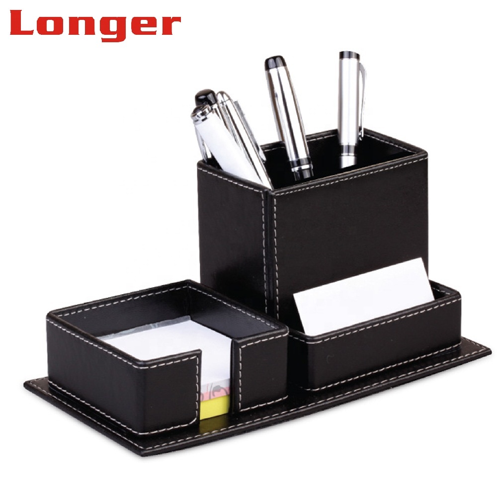 LG-B050 Custom Logo PU Leather Desk Pen Holder with Alarm Clock Personalized Office Storage Box Drawer Organizer detail