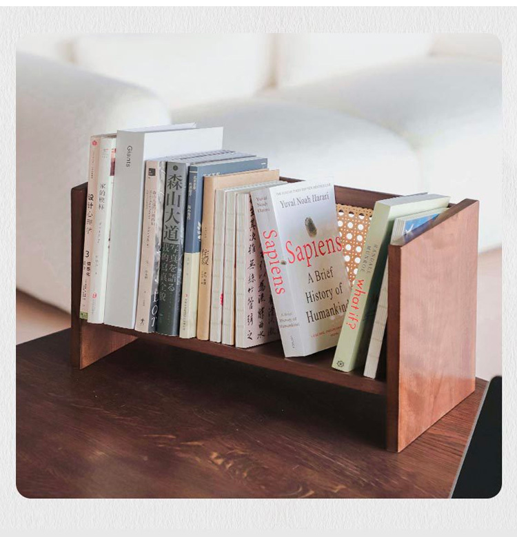 Rectangle Desktop Wood Bookshelf with Rottan Bookend Display Rack with Book Ends Storage Shelf Bookcase for Office Home Decor detail