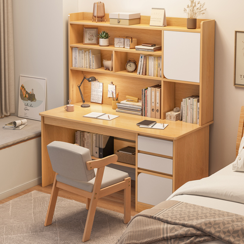 Modern Simple Solid Wood Bamboo Integrated Writing Desk Computer Desktop Bookshelf for Home Study or Office Use for Students