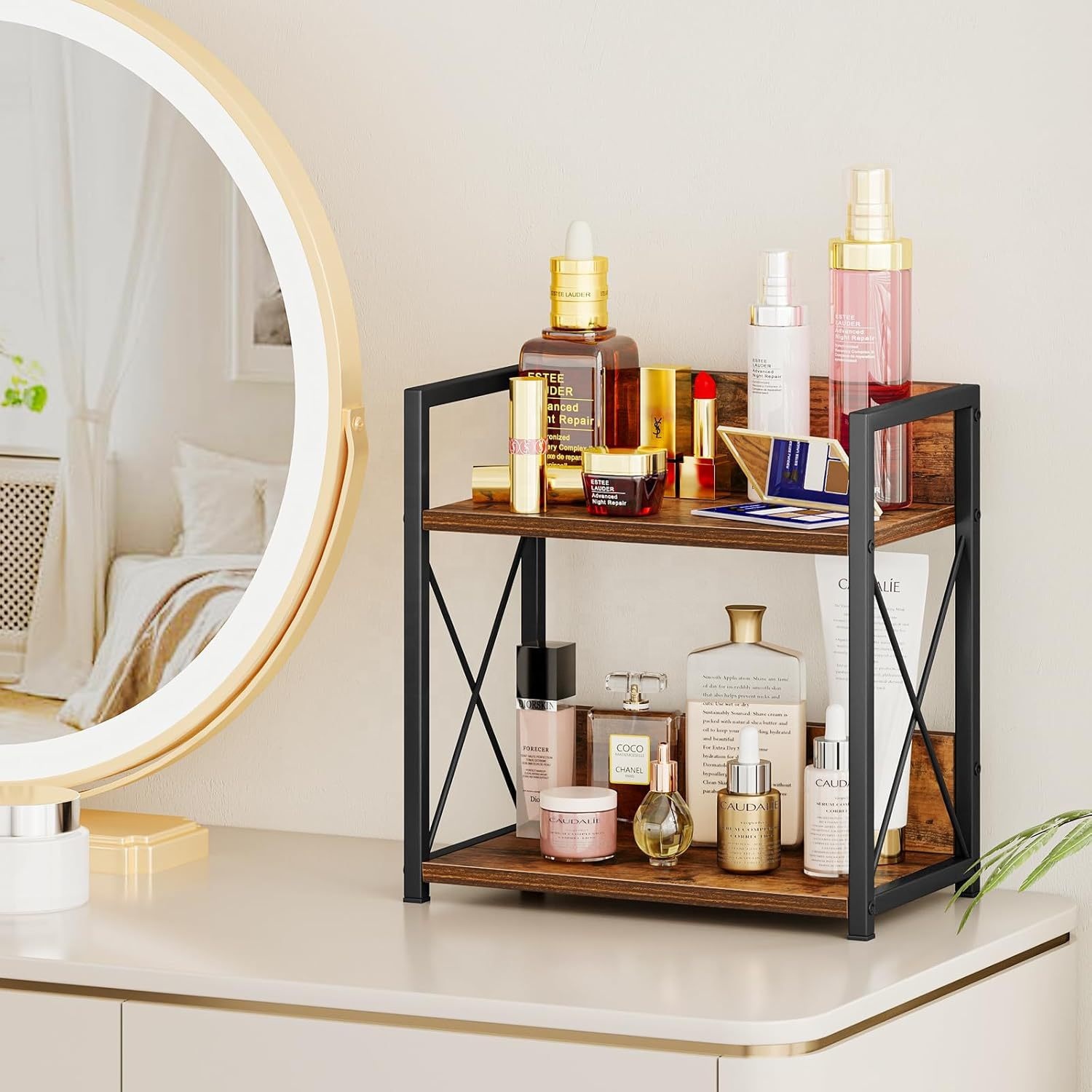 Double Tier Wood Storage Rack Movable Minimalist Modern Countertop Desk Organizer Bookshelf product view