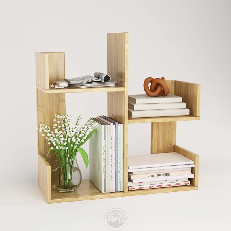 Bamboo Desktop Bookshelf with 4 Sections, Small Book Organizer Rack for Office, Bedroom and Home Storage