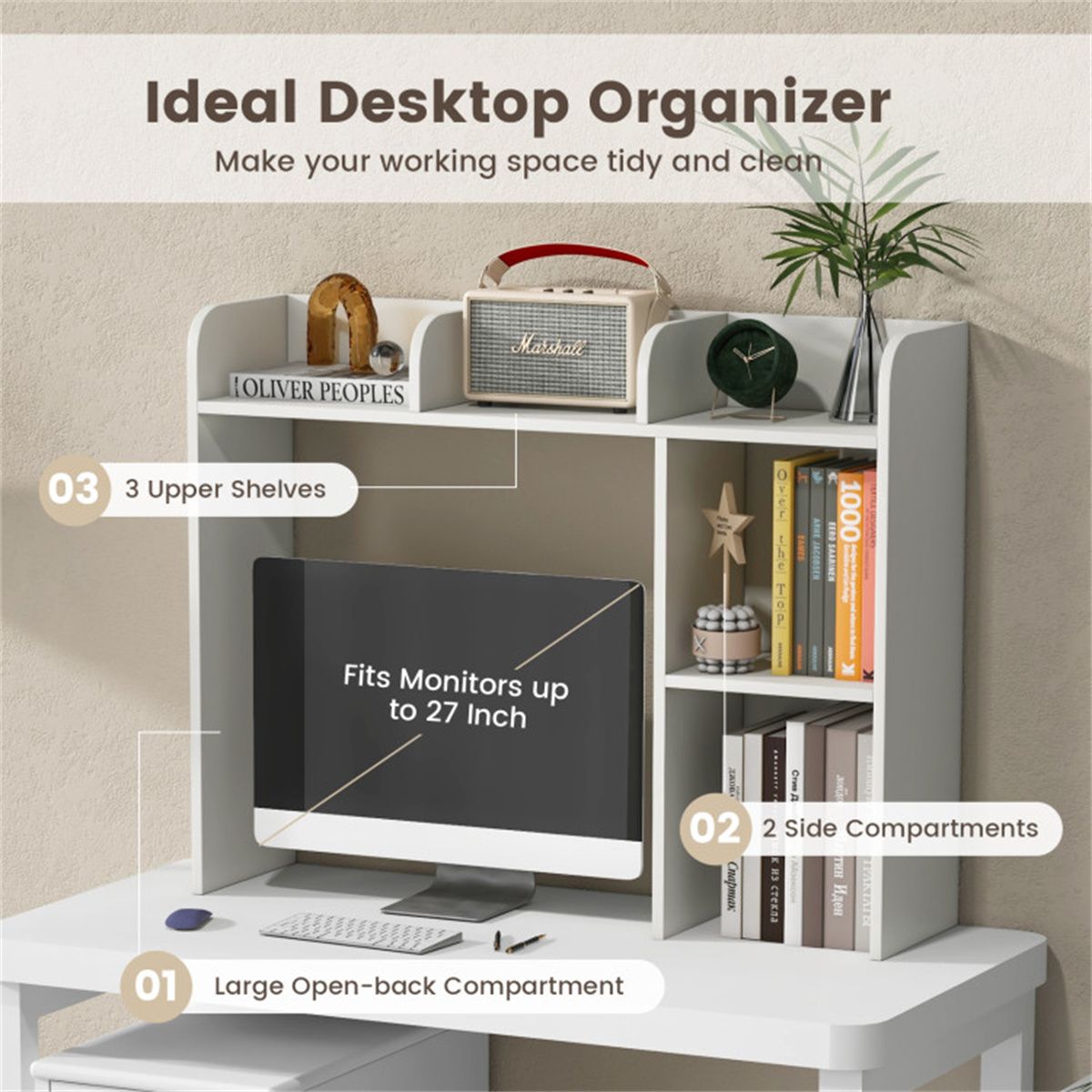 White Engineered Wood Desktop Bookshelf 27FT/68.58cm Monitor & 93.98 by 25.40 73.66cm Hutch with Anti Tip Kits detail