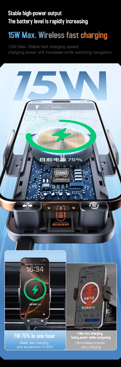 15W Wireless Fast Charging Car Phone Holder, 360° Rotatable Air Vent Mount, Universal ABS Smartphone Stand detail