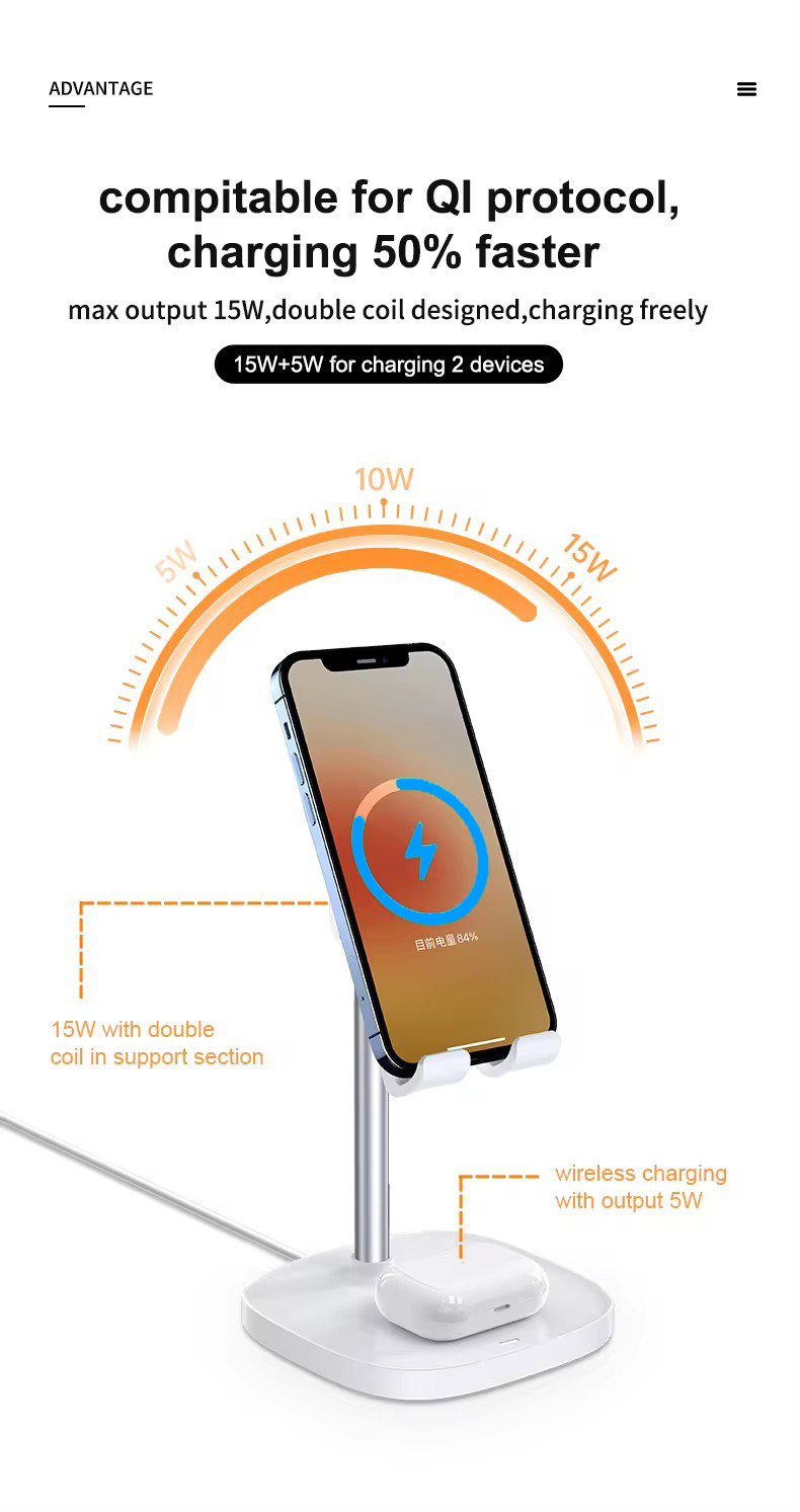 Desktop Wireless Charger Phone Stand,15W Multifunction Charger for Cell Phone Earphone Watch Wireless Charger detail