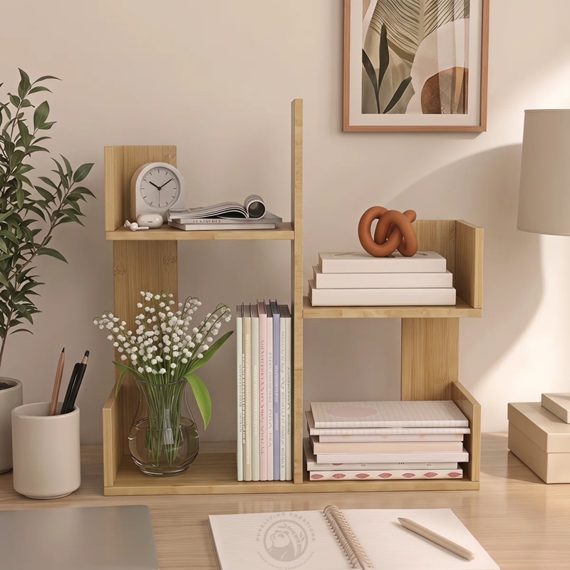 Bamboo Desktop Bookshelf with 4 Sections, Small Book Organizer Rack for Office, Bedroom and Home Storage product view