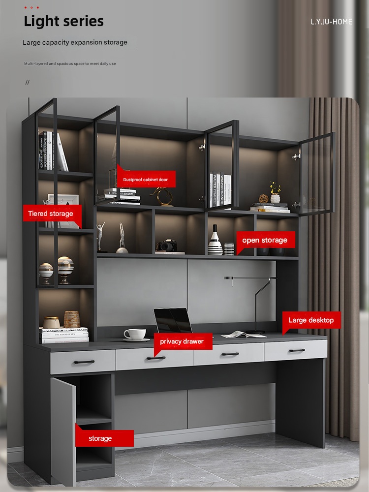 JYN Double Desk Cabinet Home Office Bookshelf Combination Home Student Use Desktop Computer Desk Integrated Bookcases product view
