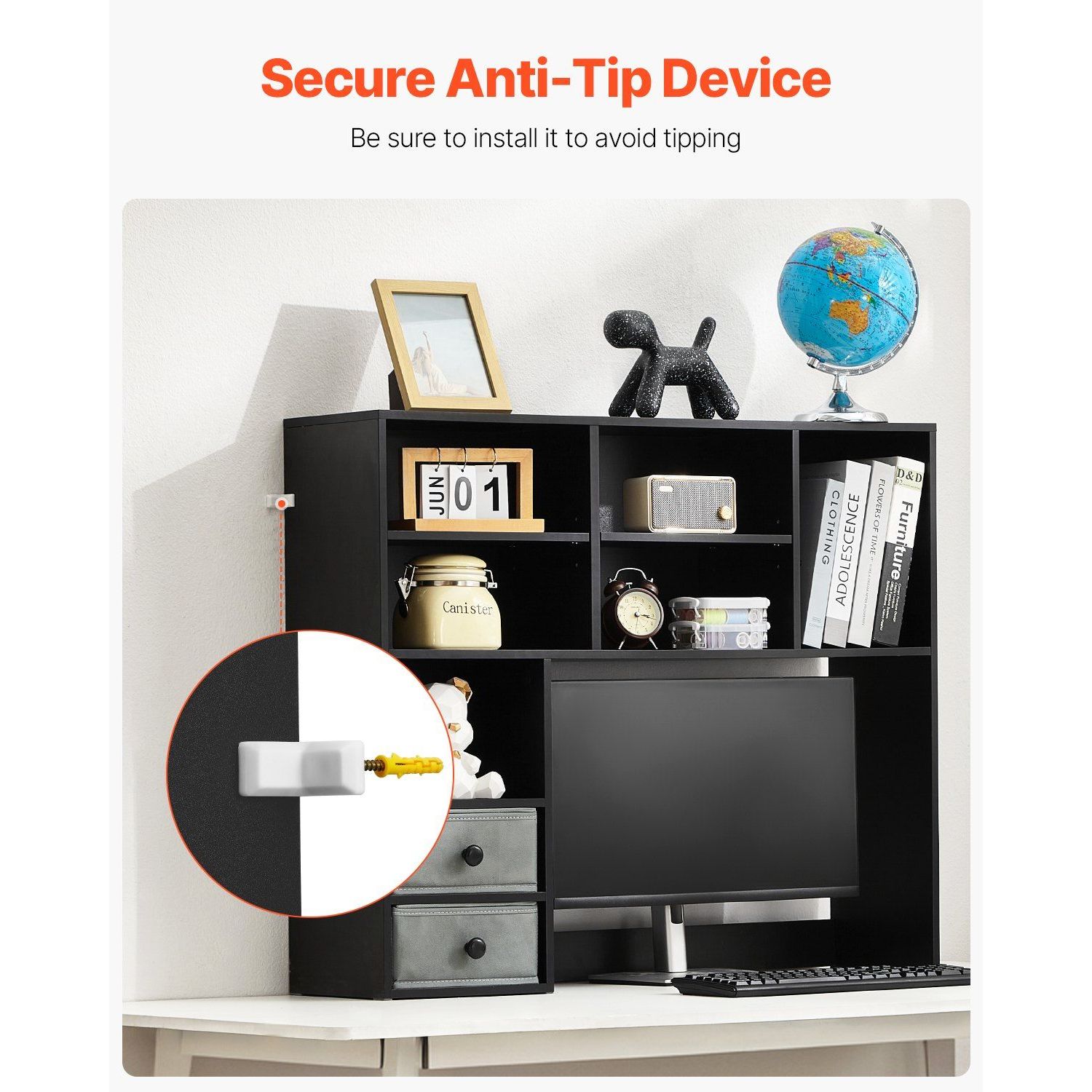37\" X 10\" X 31.1\" Black Wood Desktop Bookshelf Two Fabric Drawers 3-Tier Desktop Storage Organizer Storage Rack Display Shelf detail