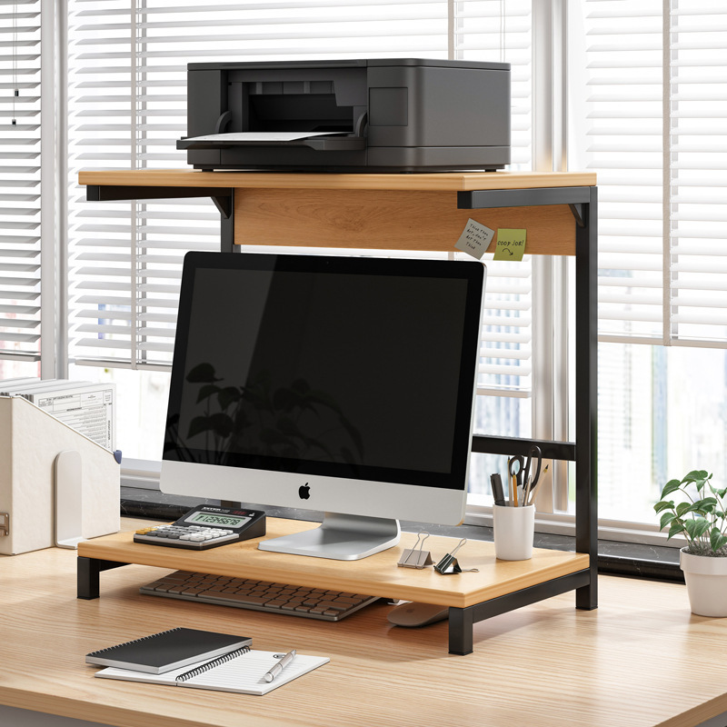Single Wood Desktop Bookshelf with Adjustable Elevated Computer Rack Monitor Bracket Laptop Stand Desk Storage-Standing Type