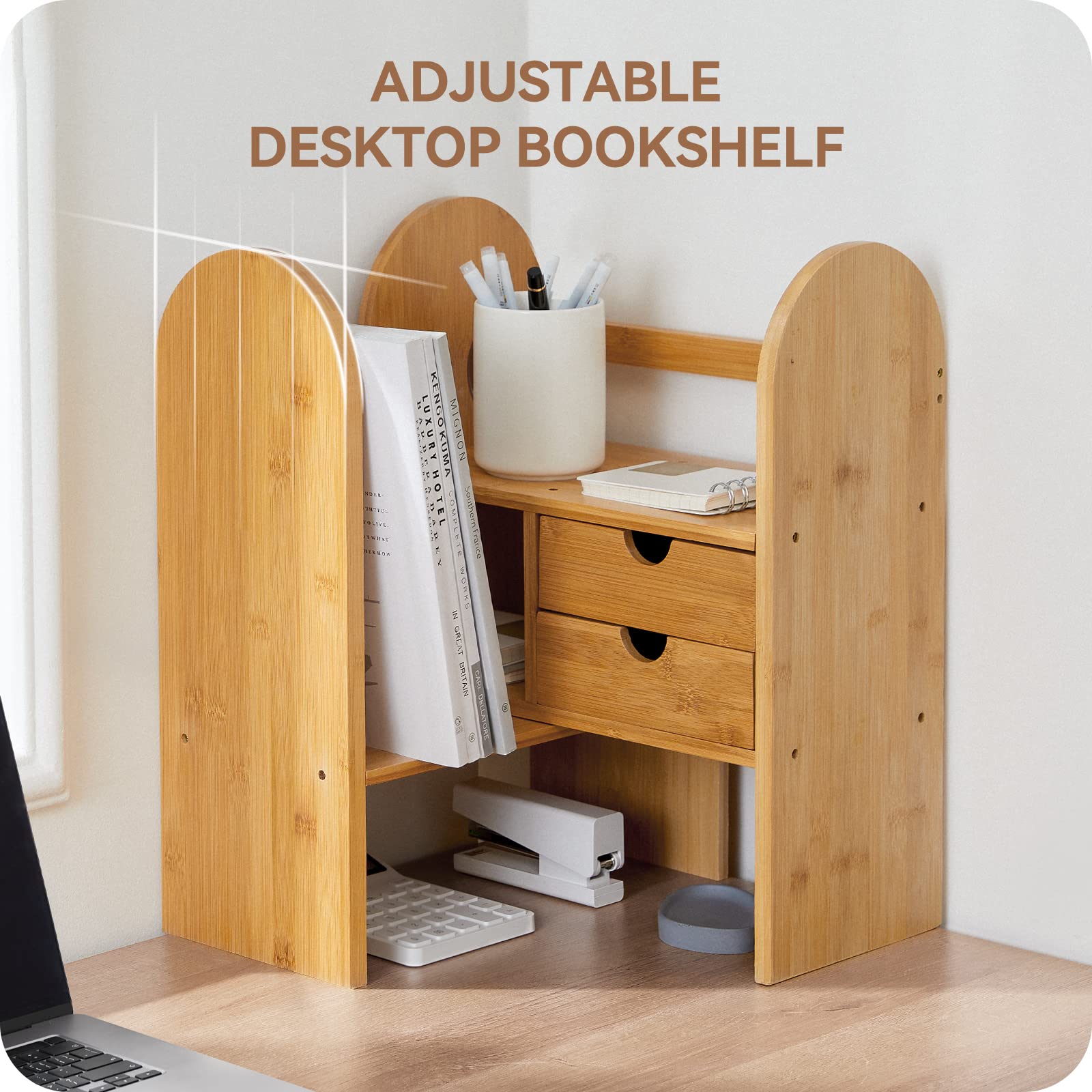 Custom Adjustable Wood Bamboo Desktop Bookshelf Organizer Tabletop Display Office Desk Storage Shelf Rack for Office Supplies detail