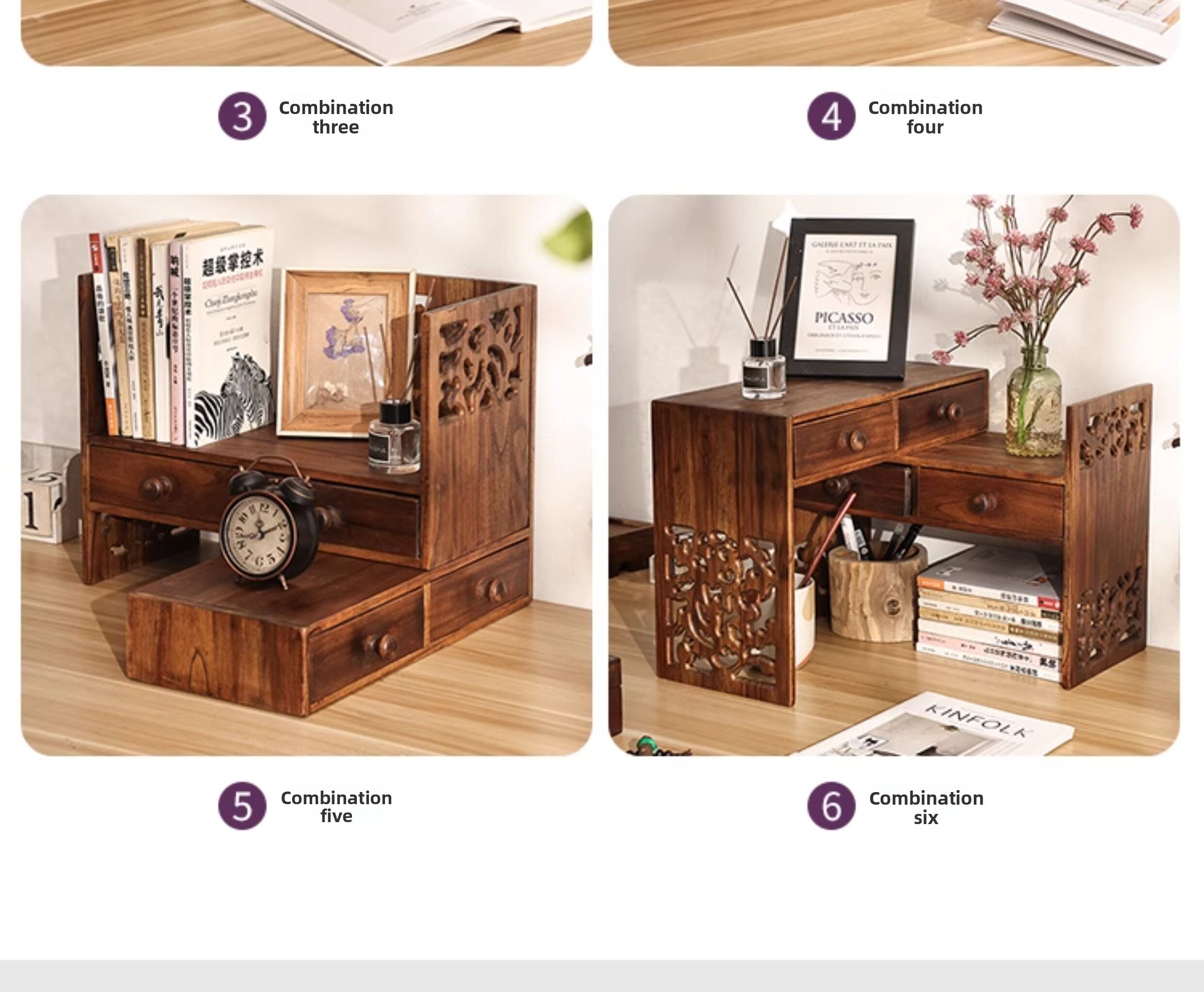 Solid Wood Mini Artistic Desktop Shelf Student Desk Bookshelf Bay Window Bookcase Chinese-Style Retro Home Furniture detail
