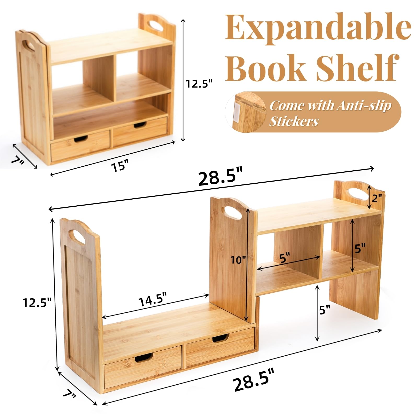 JQ Small Desk Display Cubby Top Expandable Counter Bookcase Bamboo Desktop Bookshelf with Anti-Slip Pads for Office Supplies detail