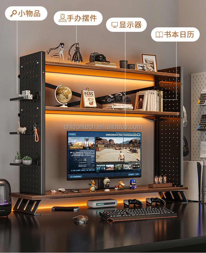Multilayer Wood Desktop Bookshelf with Double Tiers Heightening Computer Arrogance Home Desktop Storage Shelves with Hole Board detail