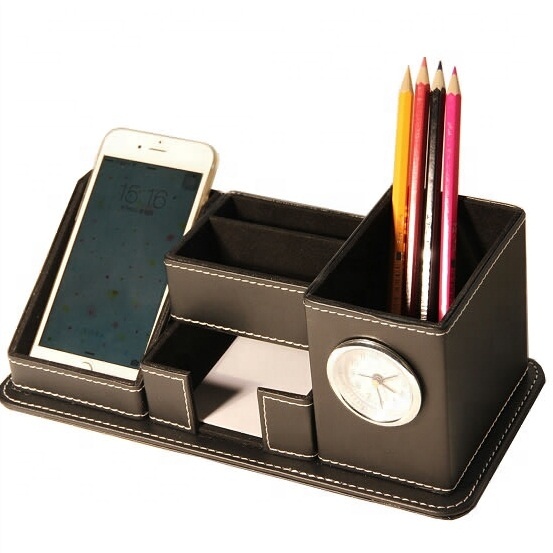 LG-B050 Custom Logo PU Leather Desk Pen Holder with Alarm Clock Personalized Office Storage Box Drawer Organizer