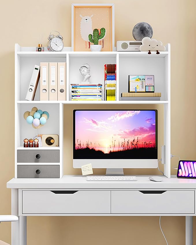 Desktop Bookshelf with Charging Station, Adjustable Desk Shelf Organizer with 7 Shelves product view