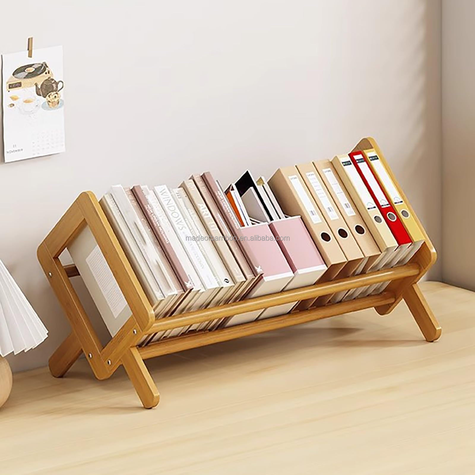 Bamboo Desktop Bookshelf Organizer Desk Wooden Tilting Bookcase Record Holder for CDs Living Room Home Office Small Book Rack detail