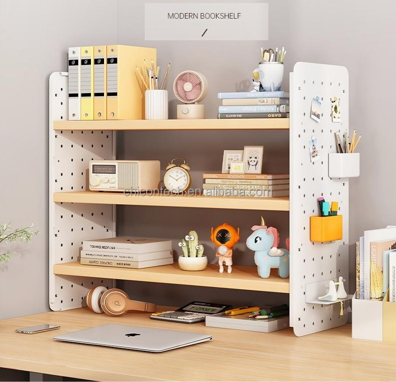 Simple Multi-Layer Desktop Bookshelf with Hole Pegboard Office Workstation Storage Rack Organizer for Student Dormitory detail