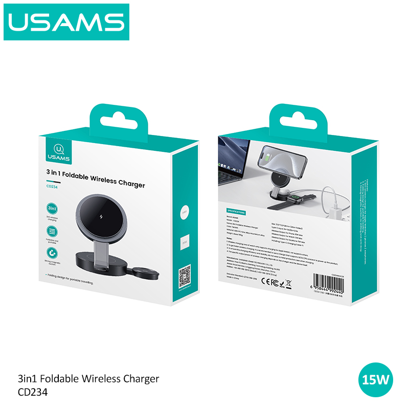 USAMS CD234 Hot Sales Qi Magnetic Foldable Wireless Charger 3 in 1 Fast Charging Dock Station Charging Stand Holders for Iphone detail