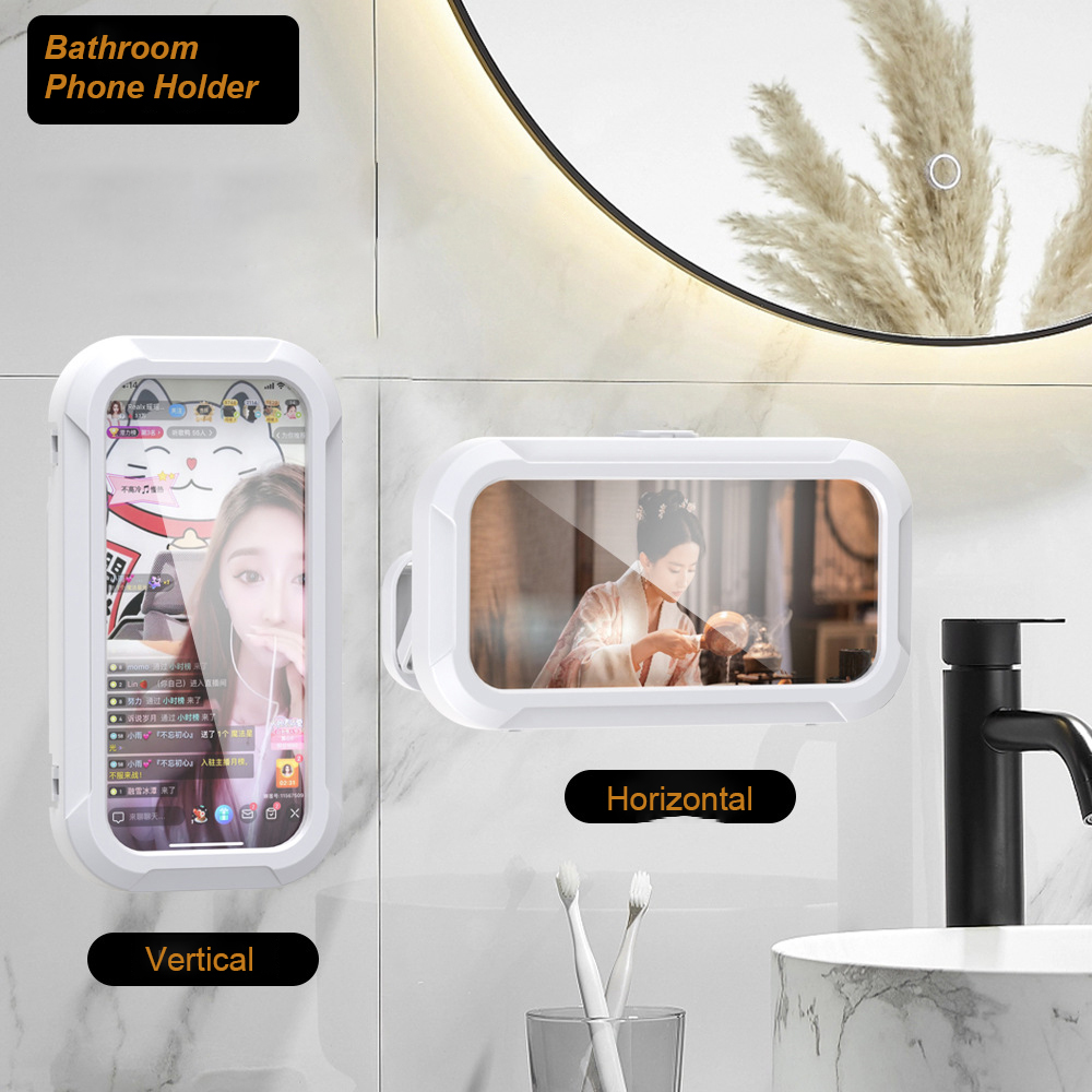 Bulk Supply Waterproof Bathroom Phone Case Stand ABS Phone Holder in Shower Anti-Fog HD Touch Screen Adhesive Tape Wall Mount product view