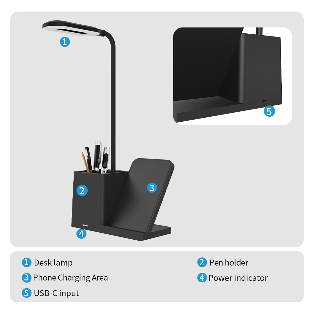 3 in 1 Pen Holder Desk Lamp and Wireless Charger 15W Phone Charger Fast Charging with Lamp With Holder for Phone detail