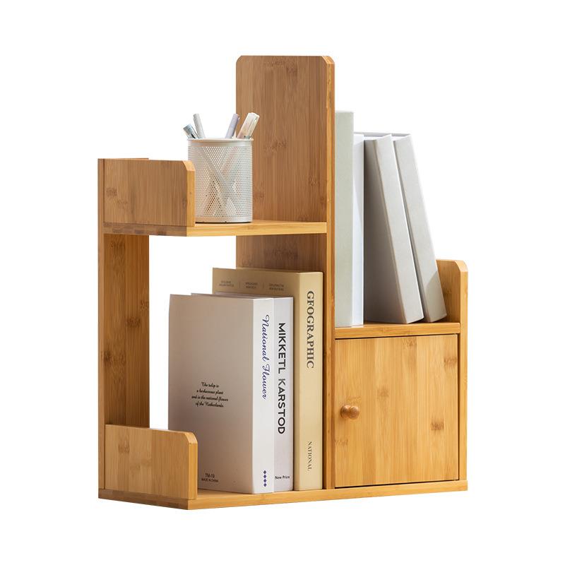 Multipurpose Design Bamboo Desktop Book Rack Bookshelf Slots Door for Home Office