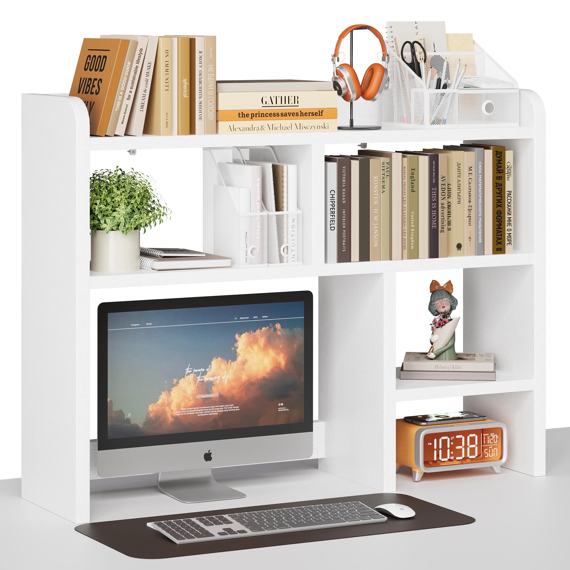 Factory Direct Custom Service MDF 4-Tier Desktop Hutch Panel Countertop Shelf Bookcase with Desktop Storage Organizer Rack