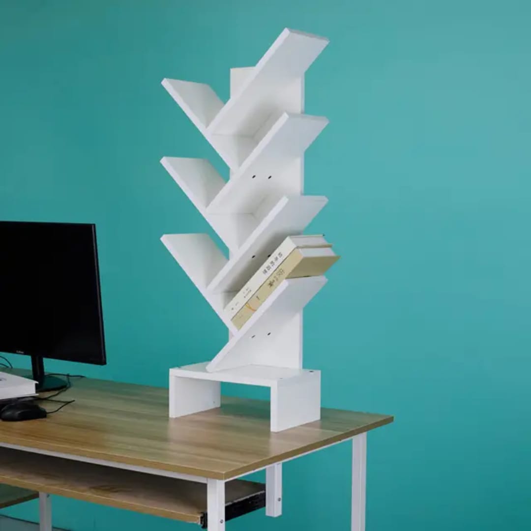 Modern White Tree Shaped Desktop Bookshelf 8 Tier Tabletop Book Organizer Wooden Branch Shelving Unit for Home Office Study Desk