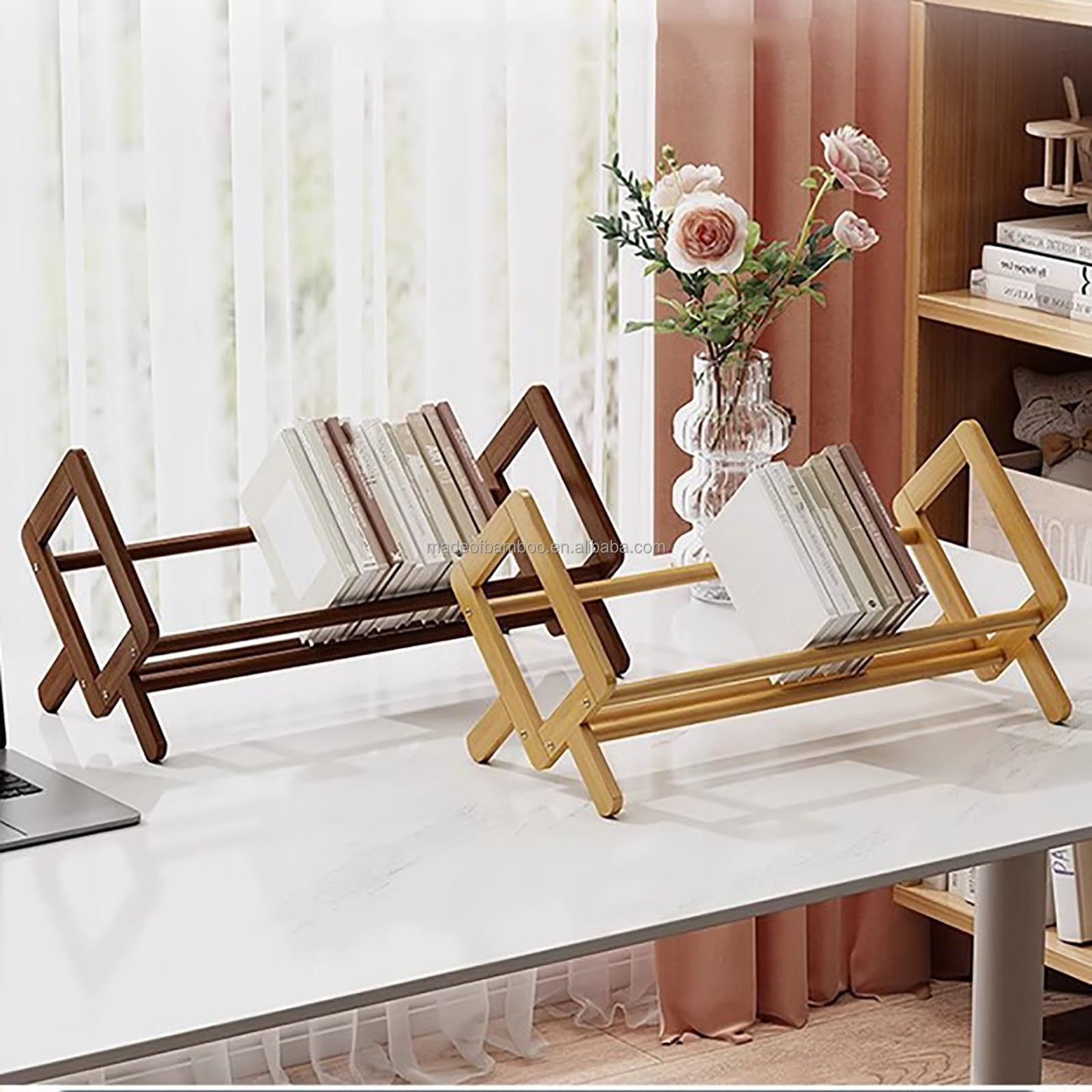 Bamboo Desktop Bookshelf Organizer Desk Wooden Tilting Bookcase Record Holder for CDs Living Room Home Office Small Book Rack detail