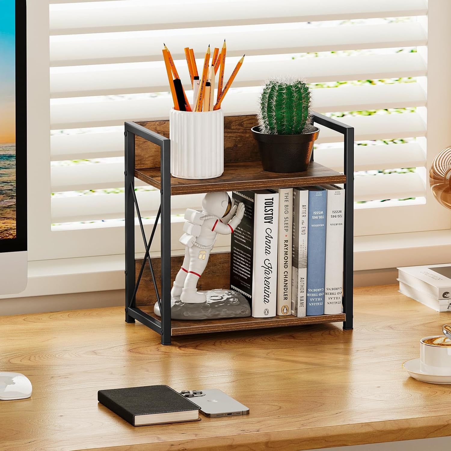 Double Tier Wood Storage Rack Movable Minimalist Modern Countertop Desk Organizer Bookshelf product view
