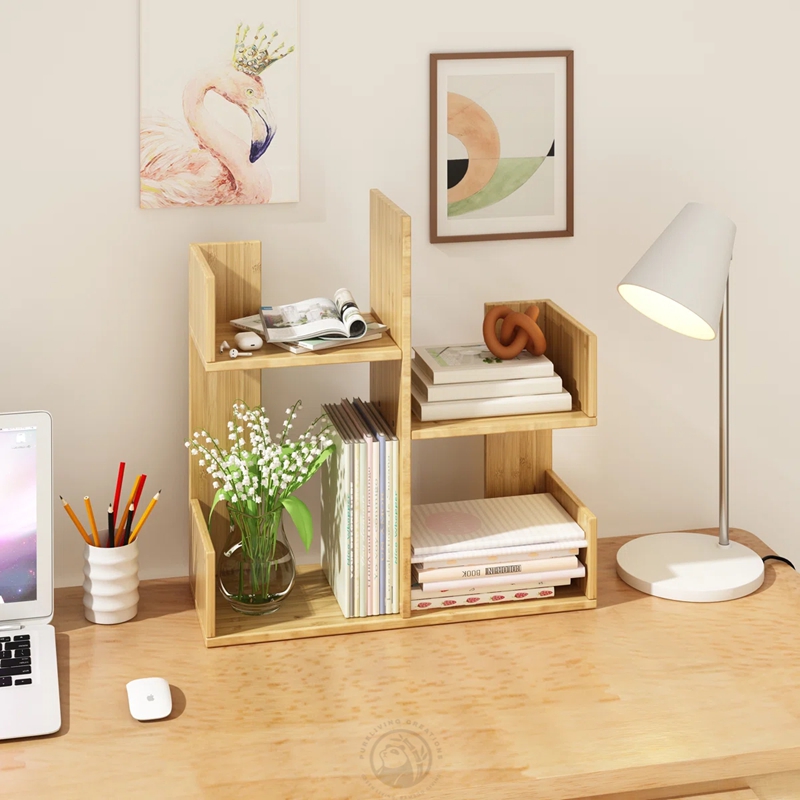 Bamboo Desktop Bookshelf with 4 Sections, Small Book Organizer Rack for Office, Bedroom and Home Storage detail