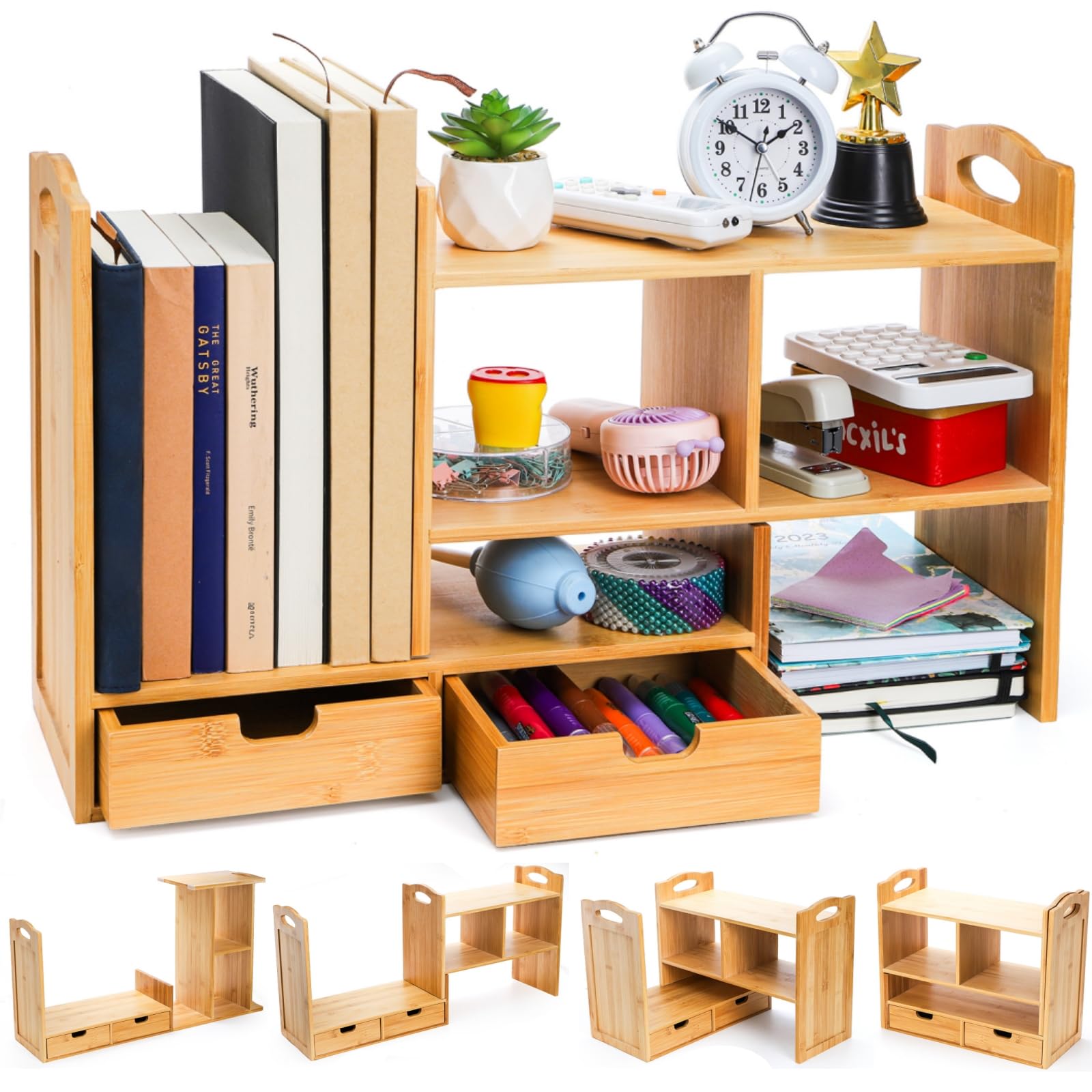 JQ Small Desk Display Cubby Top Expandable Counter Bookcase Bamboo Desktop Bookshelf with Anti-Slip Pads for Office Supplies