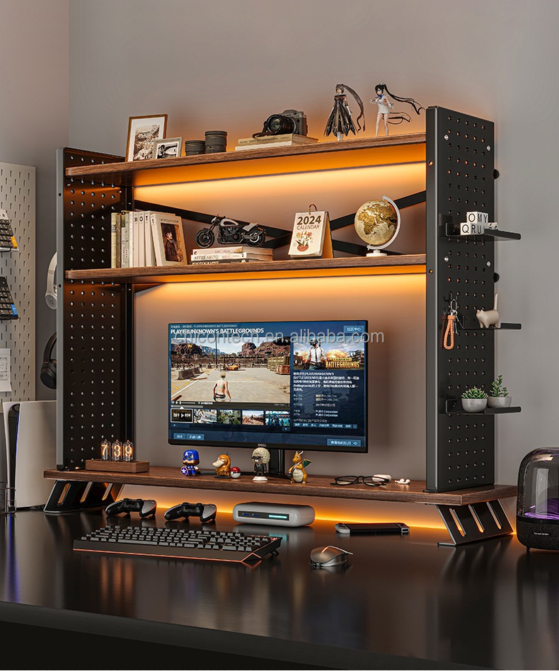 Multilayer Wood Desktop Bookshelf with Double Tiers Heightening Computer Arrogance Home Desktop Storage Shelves with Hole Board detail
