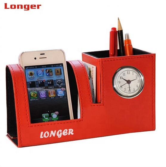 LG-B050 Custom Logo PU Leather Desk Pen Holder with Alarm Clock Personalized Office Storage Box Drawer Organizer detail