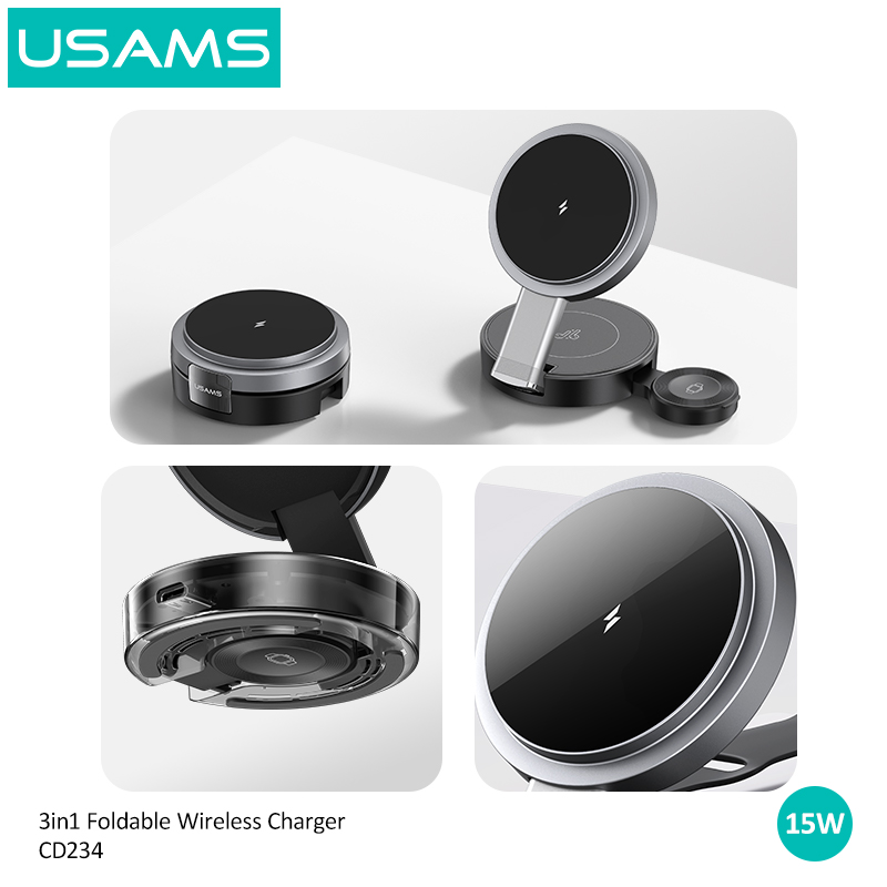 USAMS CD234 Hot Sales Qi Magnetic Foldable Wireless Charger 3 in 1 Fast Charging Dock Station Charging Stand Holders for Iphone product view