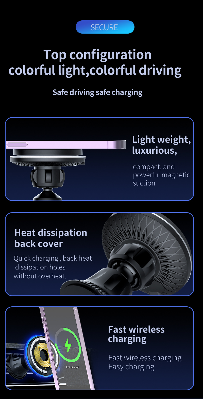 15W Fast Magnetic Wireless Car Charger Mount RGB Light 360° Rotation Air Vent Phone Holder for iPhone 17 16 15 14 Wholesale detail