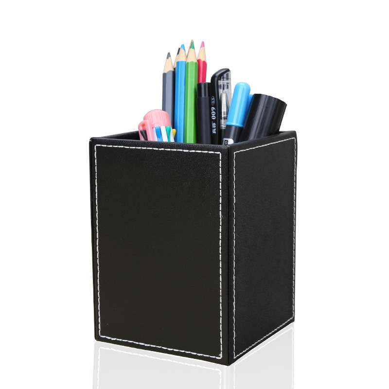Black Desktop Stationery Organizer Container Box PU Leather Square Pens Pencils Holder for Decorating Office Home Hotel School product view