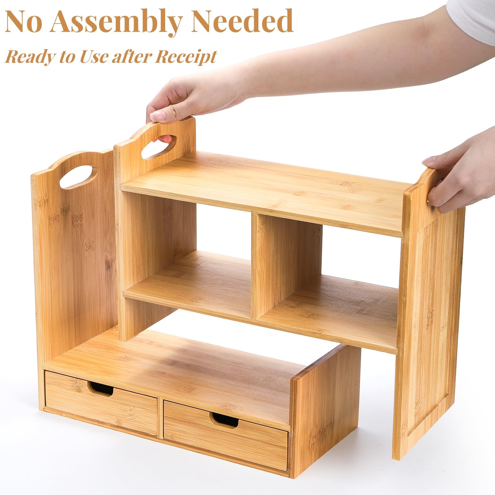 JQ Small Desk Display Cubby Top Expandable Counter Bookcase Bamboo Desktop Bookshelf with Anti-Slip Pads for Office Supplies product view