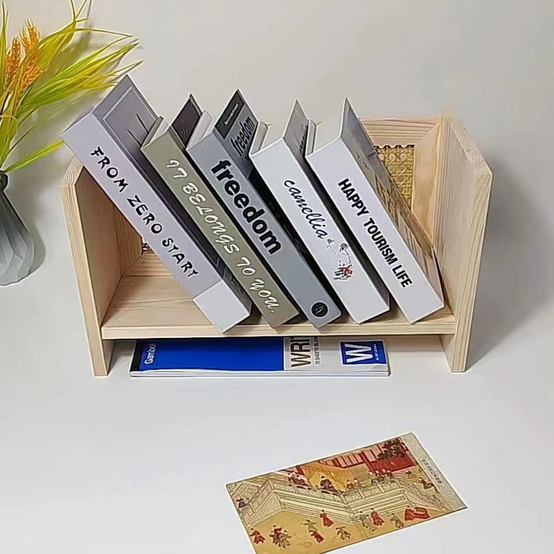 Rectangle Desktop Wood Bookshelf with Rottan Bookend Display Rack with Book Ends Storage Shelf Bookcase for Office Home Decor product view