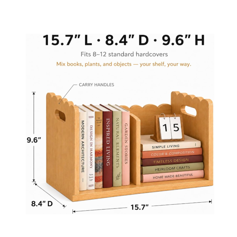 Solid Pine Wood Desktop Book Organizer Natural Wood Book Display Shelf Scalloped Edge Tabletop Bookshelf for Home Office product view