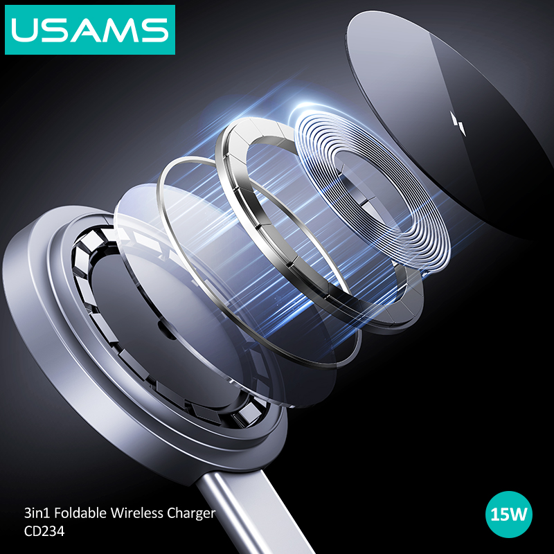 USAMS CD234 Hot Sales Qi Magnetic Foldable Wireless Charger 3 in 1 Fast Charging Dock Station Charging Stand Holders for Iphone product view