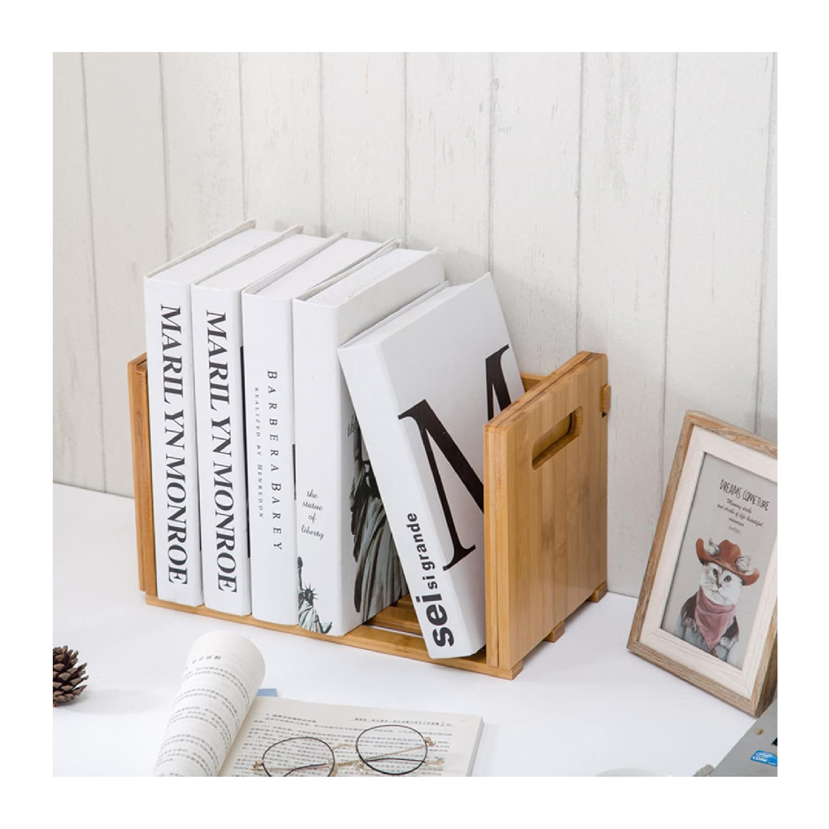 Bamboo Desktop Bookshelf Expandable Desktop Organizer Small Display Shelf Book Rack for Office Supplies Home Tabletop detail