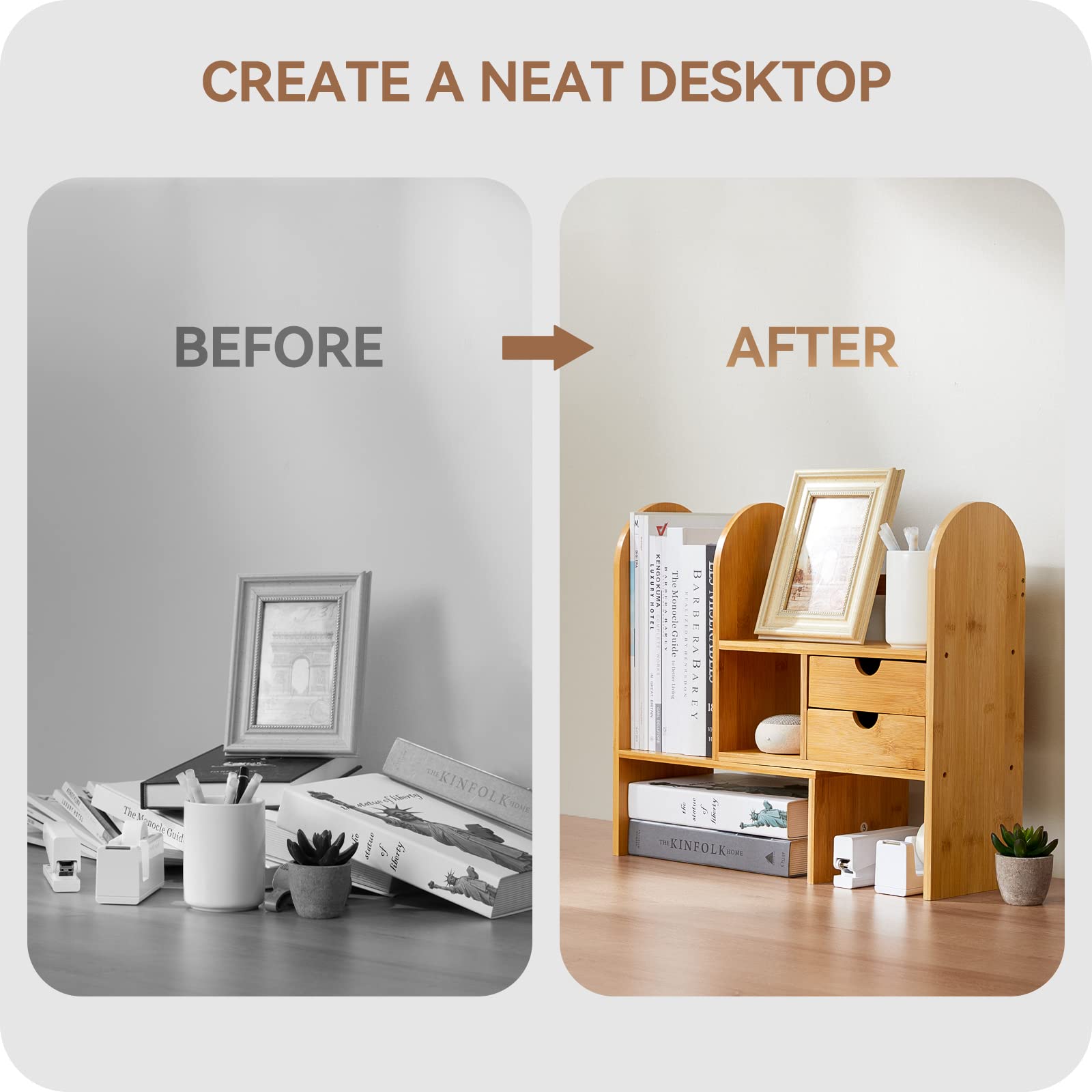 Adjustable Bamboo Wood Desktop Bookshelf Custom Tabletop Display Organizer with Drawer Storage Rack for Home Office detail